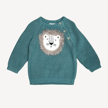 Load image into Gallery viewer, Lion Applique Baby Pullover Sweater Knit (Organic Cotton): Teal Blue