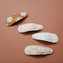 Load image into Gallery viewer, Set of 4 Floral Embroidered Stitched Snap Hair Clips