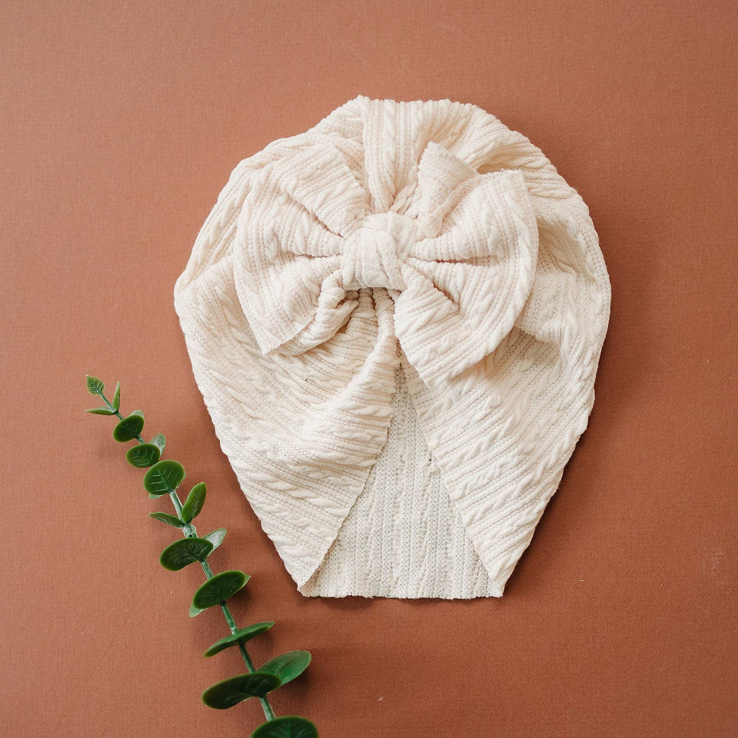 Woven Cable Knit Bow Baby Turban - Rose