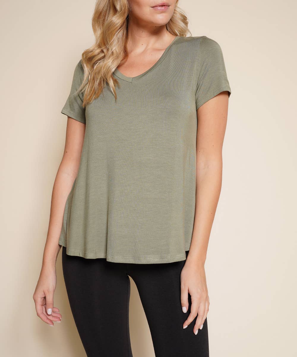Bamboo V Neck Classic Top - Olive