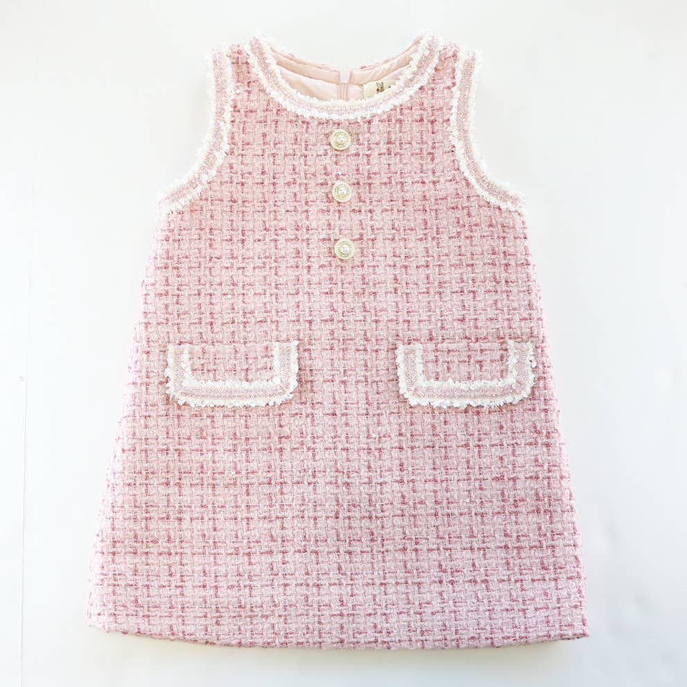 Pink Sequin Trim Tweed Dress