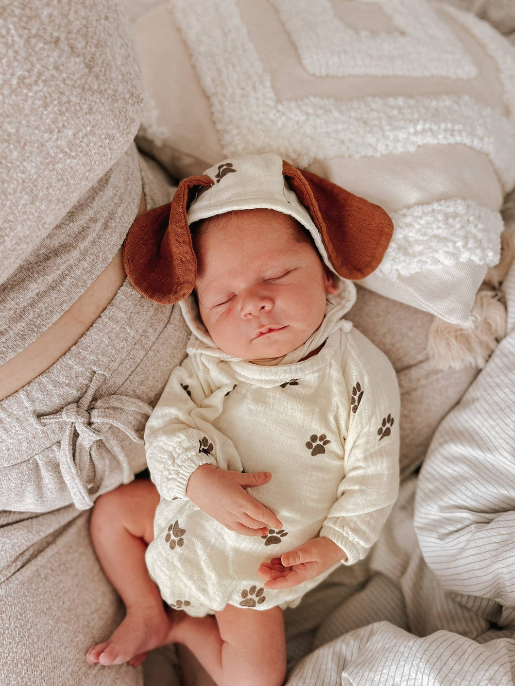 Cream Puppy Organic Muslin Body&Bonnet Set for Newborn Baby