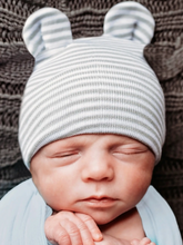 Load image into Gallery viewer, Gray and White Striped Bear Ears - Newborn Beanie
