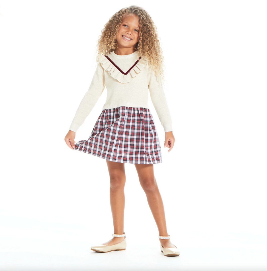 Andy & Evan Varsity Ruffle Sweater Dress - White