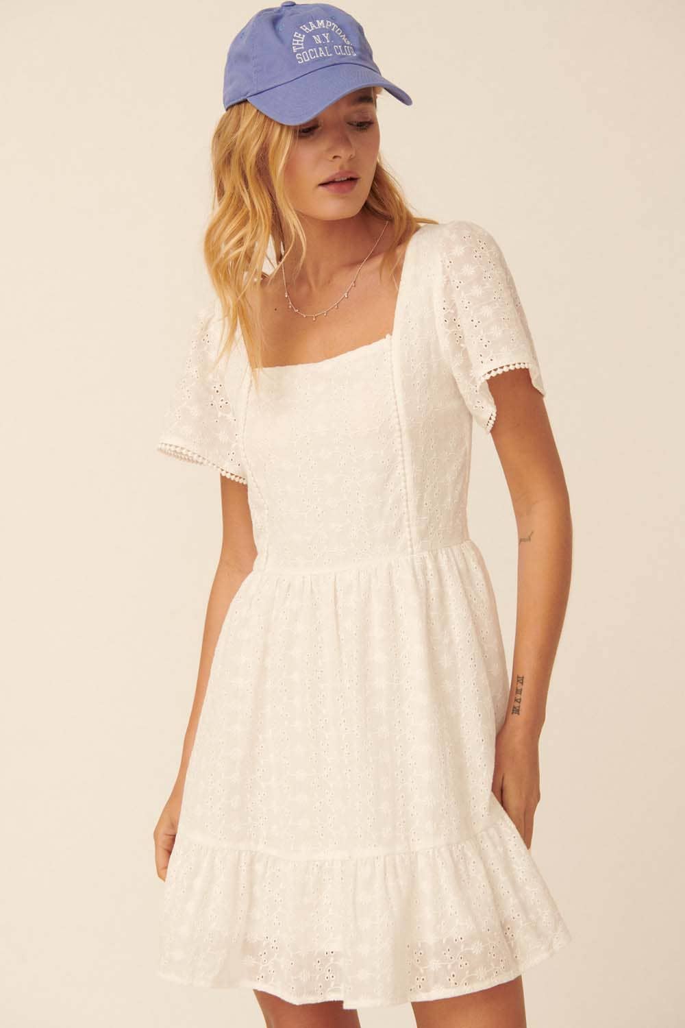 Eyelet Lace Floral Square Neck Smocked Lace Dress